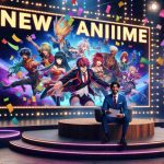 Generate a high-definition, realistic image of a scene announcing a new anime. This scene should include a large, brightly colored board or poster revealing this new anime series and its title. Display the design of several unique characters from this anime, each with distinct features, expressive poses, and attire fitting their role. Sitting in front of the board, there is a male presenter, of South Asian descent, enthusiastically commenting about the new show and characters. The atmosphere is lively and filled with excitement, with colorful spotlights and confetti in the background.