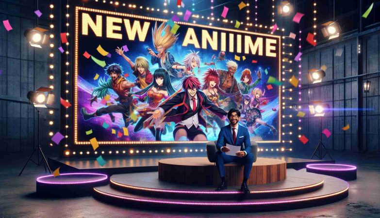 Generate a high-definition, realistic image of a scene announcing a new anime. This scene should include a large, brightly colored board or poster revealing this new anime series and its title. Display the design of several unique characters from this anime, each with distinct features, expressive poses, and attire fitting their role. Sitting in front of the board, there is a male presenter, of South Asian descent, enthusiastically commenting about the new show and characters. The atmosphere is lively and filled with excitement, with colorful spotlights and confetti in the background.
