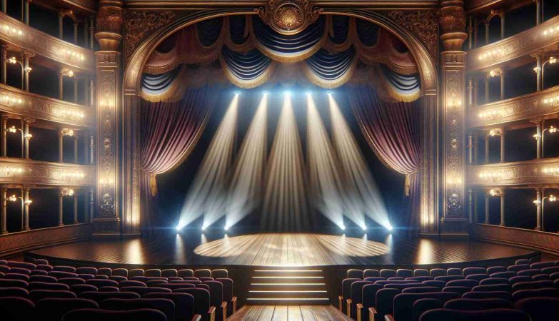 Create a realistic, high-definition image of a stage set. The scene should depict the anticipatory atmosphere of an upcoming premiere. The stage should be adorned with dramatic lighting and intricate set pieces, capturing the essence of excitement and eagerness before the performance. Include the vibrant colors, the grand curtains, and the polished wooden stage floor.