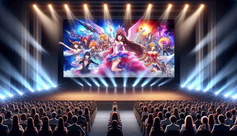 Create a high-definition realistic image showcasing the announcement of an exciting new anime project. Illustrate a dramatically illuminated stage with a large projector screen. On the screen, display a vibrant, action-filled scene from the new anime, filled with dynamic characters in flamboyant costumes. Let the scene be filled with enthusiasm by showing eager attendees whose faces are lit up with anticipation and delight. A variety of genders and descents should be represented among the spectators, reflecting the diversity of anime fans.