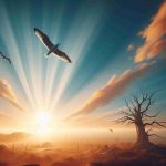 Create a realistic HD image showcasing a scene of 'A Lasting Triumph in the Skies'. This could involve a bright and cloudless blue sky with a single majestic seagull soaring high, triumphantly expressing its dominion over the infinite expanse. The light of the setting sun could paint the landscape in warm hues, symbolizing the long-lasting triumph of nature over day and night. To add contrast, perhaps include a silhouette of an old tree in the foreground. The overall composition should evoke a sense of serenity and grandeur.
