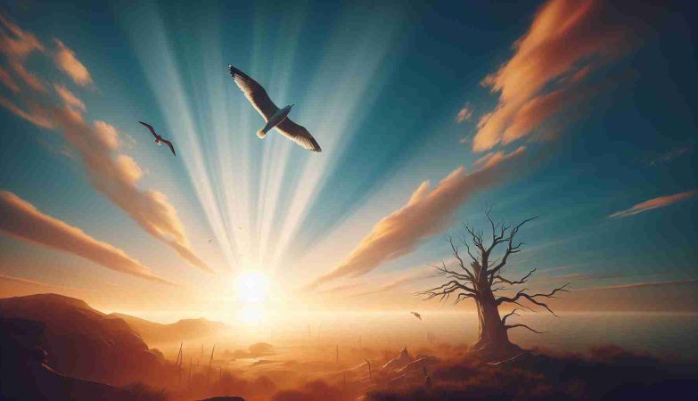 Create a realistic HD image showcasing a scene of 'A Lasting Triumph in the Skies'. This could involve a bright and cloudless blue sky with a single majestic seagull soaring high, triumphantly expressing its dominion over the infinite expanse. The light of the setting sun could paint the landscape in warm hues, symbolizing the long-lasting triumph of nature over day and night. To add contrast, perhaps include a silhouette of an old tree in the foreground. The overall composition should evoke a sense of serenity and grandeur.