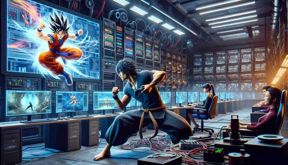 High-definition realistic image that showcases an imaginative scenario of shonen-style combat being incorporated into the gaming industry. Picture a blend of traditional martial arts and technologically advanced gaming equipment in a well-lit room filled with diverse technological paraphernalia. Include a Caucasian male character in the foreground, dynamically posed with a game controller, engaging in the projected virtual combat on screens. Further back, one can see a South Asian female character, possibly a programmer, diligently refining the game's code on her computer. The atmosphere should be one where modern technology meets shonen grit.