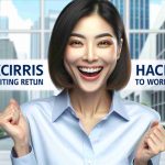 A realistic, high-definition image of a hardworking and talented Asian woman, joyfully announcing her exciting return to work against a backdrop of modern office buildings. She expresses a radiant, cheerful demeanor, suggesting her eagerness and determination.