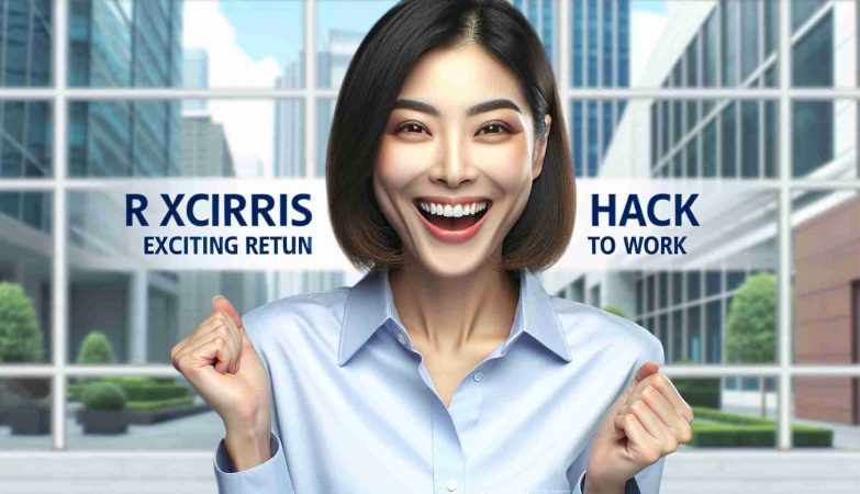 A realistic, high-definition image of a hardworking and talented Asian woman, joyfully announcing her exciting return to work against a backdrop of modern office buildings. She expresses a radiant, cheerful demeanor, suggesting her eagerness and determination.