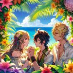 Generate a high definition, realistic image indicating the announcement of a new anime themed around a love triangle set in a tropical location. The announcement should portray vibrant tropical backdrops with lush greenery and vivid flowers. It should also illustrate subtle hints of a romantic plot involving three main characters. Two of them are shown in a sweet moment, while the third one is looking on from a distance, suggesting a love triangle. These characters should be intricately detailed and in typical anime style.