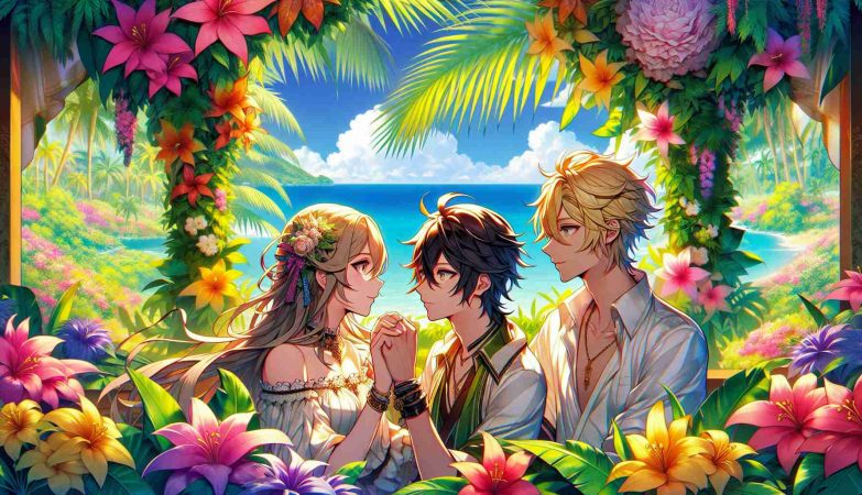 Generate a high definition, realistic image indicating the announcement of a new anime themed around a love triangle set in a tropical location. The announcement should portray vibrant tropical backdrops with lush greenery and vivid flowers. It should also illustrate subtle hints of a romantic plot involving three main characters. Two of them are shown in a sweet moment, while the third one is looking on from a distance, suggesting a love triangle. These characters should be intricately detailed and in typical anime style.