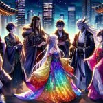 A vivid and highly detail-oriented image showcasing a new anime. This image should depict an intriguing scene that tells a story about unique character dynamics. There are a diverse array of characters - a Hispanic female with a multi-colored, shimmering dress, a Middle Eastern male cloaked in dark robes, and an East Asian female donned in a traditional hanbok. Each character bears a unique aura, and their interactions emit a powerful energy that is indicative of their distinct dynamics. The background is a futuristic city with glistening skyscrapers under a twilight sky, which further amplifies the mystique of the gathering. The image quality is to be excellent, providing an HD clarity.