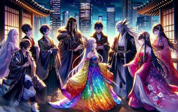 A vivid and highly detail-oriented image showcasing a new anime. This image should depict an intriguing scene that tells a story about unique character dynamics. There are a diverse array of characters - a Hispanic female with a multi-colored, shimmering dress, a Middle Eastern male cloaked in dark robes, and an East Asian female donned in a traditional hanbok. Each character bears a unique aura, and their interactions emit a powerful energy that is indicative of their distinct dynamics. The background is a futuristic city with glistening skyscrapers under a twilight sky, which further amplifies the mystique of the gathering. The image quality is to be excellent, providing an HD clarity.