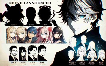 Detailed artistic representation of an upcoming anime season's poster, showcasing newly announced voice actors and production team. A side panel highlights headshots of unidentified voice actors and illustrative silhouettes of the production team. The main section should feature the anime characters in high definition imagery, alongside the series' logo and a release date.