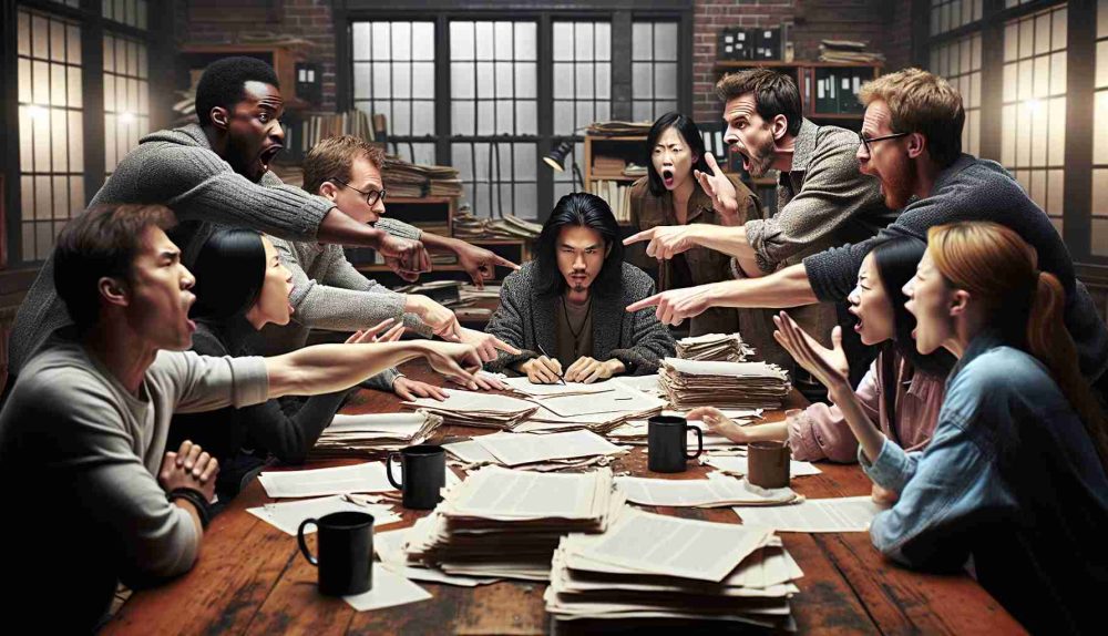 A high-definition, realistic image of a heated discussion in an editorial workplace. Two groups are present. One side is made up of diverse individuals from the editing staff, encompassing a mixture of genders and ethnic backgrounds. They are animatedly pointing at a manuscript on a large oak table. The other side is a solitary Asian creator, passionately defending his work. The room is filled with artistic chaos, manuscripts, and coffee mugs scattered about. The atmosphere exudes tension, suggesting a disagreement over unauthorized actions taken on the creator's work.