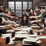 A high-definition, realistic image of a heated discussion in an editorial workplace. Two groups are present. One side is made up of diverse individuals from the editing staff, encompassing a mixture of genders and ethnic backgrounds. They are animatedly pointing at a manuscript on a large oak table. The other side is a solitary Asian creator, passionately defending his work. The room is filled with artistic chaos, manuscripts, and coffee mugs scattered about. The atmosphere exudes tension, suggesting a disagreement over unauthorized actions taken on the creator's work.