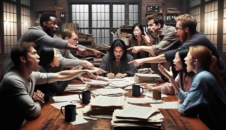 A high-definition, realistic image of a heated discussion in an editorial workplace. Two groups are present. One side is made up of diverse individuals from the editing staff, encompassing a mixture of genders and ethnic backgrounds. They are animatedly pointing at a manuscript on a large oak table. The other side is a solitary Asian creator, passionately defending his work. The room is filled with artistic chaos, manuscripts, and coffee mugs scattered about. The atmosphere exudes tension, suggesting a disagreement over unauthorized actions taken on the creator's work.