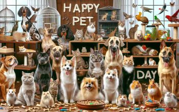 Create an ultra-high-definition image capturing a celebration of National Pet Day. The scene comprises of a variety of domestic animals including dogs, cats, birds, hamsters, and a few aquarium fishes. The backdrop can include pet-accouterment such as chew toys, scratch posts, and birdcages. The dogs range from tiny toy breeds to great Danes, showing diversity in breed and size. The cats are various different colors and patterns. Each pet appears well-taken care of and radiates energy, indicating a happy and joyous celebration of the occasion.