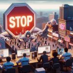 Visual depiction of a metaphorical scenario showing the ongoing efforts to curb anime piracy. The image features an enormous symbolic 'Stop' sign in the middle of a virtual cityscape with anime-style buildings, showing off their unique architectural details. Cyber security officials, of diverse genders and descents including Black, Hispanic, South Asian, and Middle Eastern, are shown working on computers to block illicit anime sites. Meanwhile, annoyed pirates, depicted as stylized anime characters, express frustration as their attempts are thwarted by the officials. The image is to be rendered in high-definition, realistic style to capture the intense, dynamic scenes.