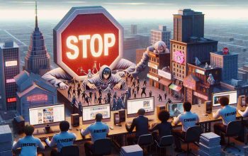 Visual depiction of a metaphorical scenario showing the ongoing efforts to curb anime piracy. The image features an enormous symbolic 'Stop' sign in the middle of a virtual cityscape with anime-style buildings, showing off their unique architectural details. Cyber security officials, of diverse genders and descents including Black, Hispanic, South Asian, and Middle Eastern, are shown working on computers to block illicit anime sites. Meanwhile, annoyed pirates, depicted as stylized anime characters, express frustration as their attempts are thwarted by the officials. The image is to be rendered in high-definition, realistic style to capture the intense, dynamic scenes.