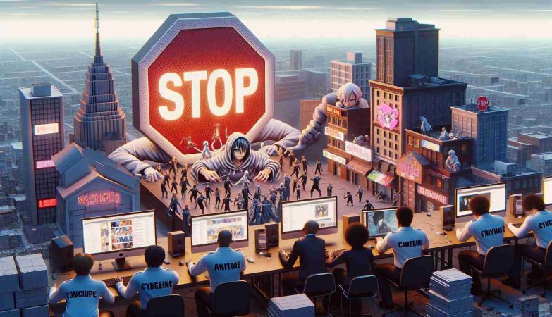 Visual depiction of a metaphorical scenario showing the ongoing efforts to curb anime piracy. The image features an enormous symbolic 'Stop' sign in the middle of a virtual cityscape with anime-style buildings, showing off their unique architectural details. Cyber security officials, of diverse genders and descents including Black, Hispanic, South Asian, and Middle Eastern, are shown working on computers to block illicit anime sites. Meanwhile, annoyed pirates, depicted as stylized anime characters, express frustration as their attempts are thwarted by the officials. The image is to be rendered in high-definition, realistic style to capture the intense, dynamic scenes.