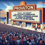 Produce a high-quality image providing an interpretation of a thrilling collaboration that has brought four classic, unidentified animated movies to theaters across the United States. The image should reflect the announcement, showcasing the excitement surrounding this event with movie posters on a theater marquee, a line of people eagerly waiting, and the US flag waving in the background.