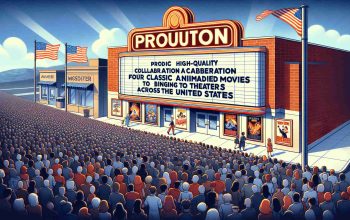 Produce a high-quality image providing an interpretation of a thrilling collaboration that has brought four classic, unidentified animated movies to theaters across the United States. The image should reflect the announcement, showcasing the excitement surrounding this event with movie posters on a theater marquee, a line of people eagerly waiting, and the US flag waving in the background.