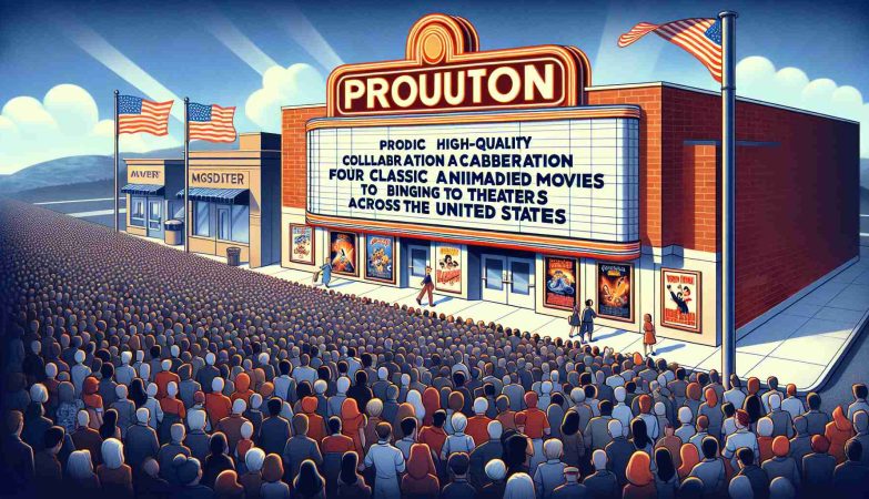 Produce a high-quality image providing an interpretation of a thrilling collaboration that has brought four classic, unidentified animated movies to theaters across the United States. The image should reflect the announcement, showcasing the excitement surrounding this event with movie posters on a theater marquee, a line of people eagerly waiting, and the US flag waving in the background.