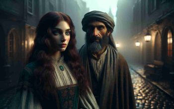 Generate a realistic high-definition image that captures a scene of a mysterious encounter. This encounter involves two people. One is a young Caucasian woman with flowing auburn hair and emerald-green eyes, wearing a classic Victorian-era dress. The other is a senior Middle-Eastern man with a neatly maintained beard, donning a weathered robe. They meet in a half-lit, moody environment which adds to the air of mystery. The surroundings include old-world architecture and cobblestoned streets wet from a recent rainfall, reflecting the soft, diffused light emanating from a nearby dimly lit street lamp.