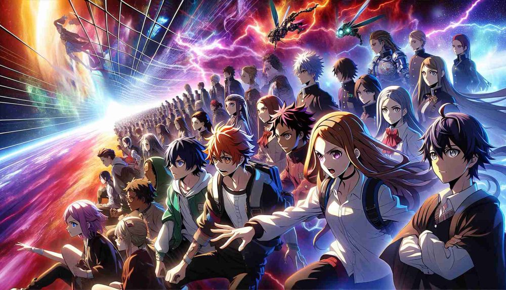 Generate a realistic, high-definition image depicting a scene of an exciting brand new anime series that is awaiting its premiere. The image should encompass vibrant colors, dynamic character postures, and a backdrop that hints at an unknown universe or setting. Illustrate the atmosphere of edge-of-your-seat suspense and anticipation. The characters should be a mix of both genders, with a variety of descents, including Asian, Caucasian, Black, Middle Eastern, and Hispanic. Remember to maintain the characteristic aesthetic of anime art while delivering a sense of novelty and freshness.