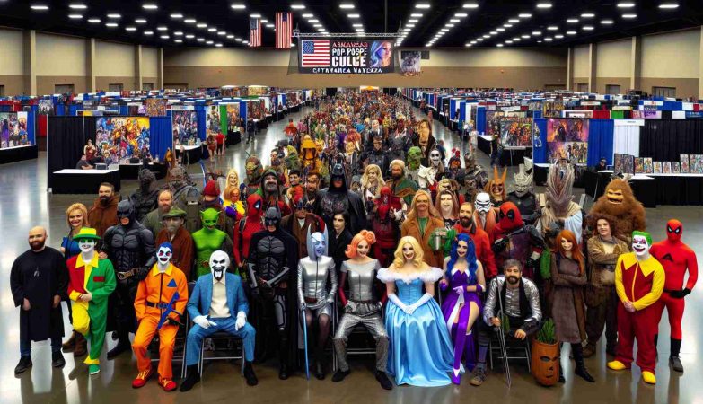 High definition image of an exciting lineup of people who are dressed up as various pop culture icons at the 2024 Arkansas Pop Culture Extravaganza event. The image includes people in vibrant and detailed costumes, depicting characters from popular television shows, movies, comics, and video games. In the background, there should be different booths and stages hosting various events like comic book signings, cosplay contests, and discussion panels on various pop culture subjects. The atmosphere is lively and filled with anticipation.