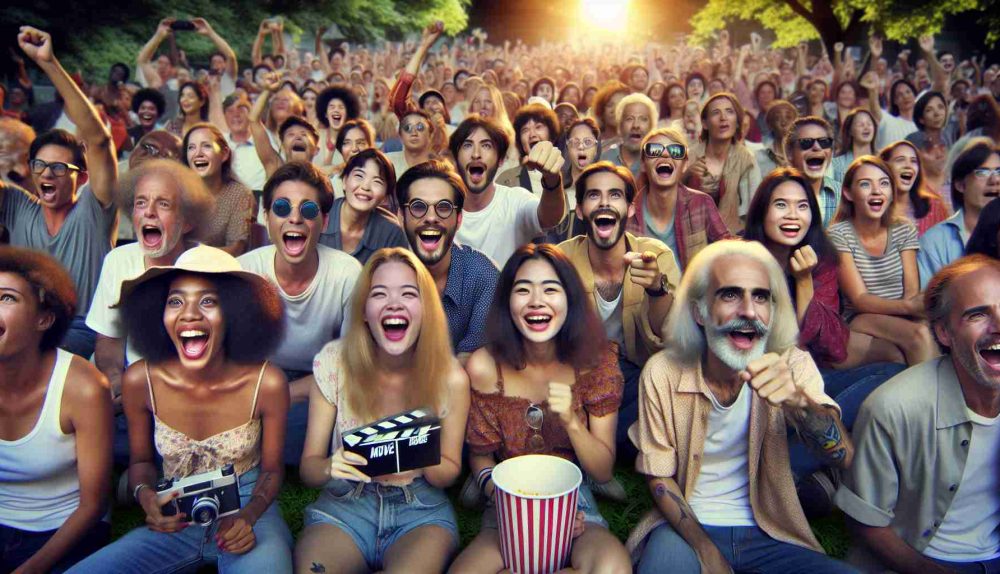 Generate an HD photo capturing a resurgence of interest and enthusiasm for a cult classic movie. This could be shown by a group of diverse fans gathered to watch the movie in a public setting such as a park. The fans should be a mix of ages, genders, and descents including Caucasian, Hispanic, Black, Middle-Eastern, South Asian, and White individuals. Highlight the excitement and anticipation with wide smiles, animated gestures, and movie paraphernalia displayed all around these fans.