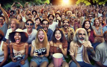 Generate an HD photo capturing a resurgence of interest and enthusiasm for a cult classic movie. This could be shown by a group of diverse fans gathered to watch the movie in a public setting such as a park. The fans should be a mix of ages, genders, and descents including Caucasian, Hispanic, Black, Middle-Eastern, South Asian, and White individuals. Highlight the excitement and anticipation with wide smiles, animated gestures, and movie paraphernalia displayed all around these fans.