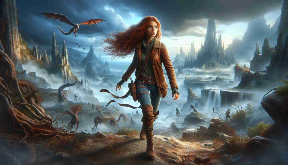 Create a high-definition and realistic image of a fantasy scene depicting the unpredictable adventures of Luna Storm. Luna Storm is a young, bold adventurer with long red hair. She is always seen in her signature outfit: a weathered brown leather jacket, worn-out jeans, and a pair of sturdy boots. Her bright blue eyes are always full of determination and curiosity. She is often seen exploring surreal landscapes with peculiar creatures, discovering ancient ruins or surviving intense weather conditions. High drama and unexpected elements should be a major component of the image.