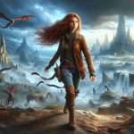 Create a high-definition and realistic image of a fantasy scene depicting the unpredictable adventures of Luna Storm. Luna Storm is a young, bold adventurer with long red hair. She is always seen in her signature outfit: a weathered brown leather jacket, worn-out jeans, and a pair of sturdy boots. Her bright blue eyes are always full of determination and curiosity. She is often seen exploring surreal landscapes with peculiar creatures, discovering ancient ruins or surviving intense weather conditions. High drama and unexpected elements should be a major component of the image.