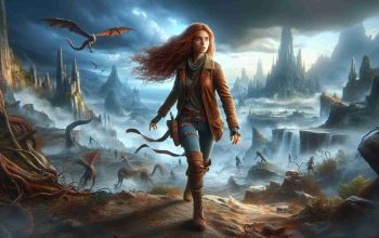 Create a high-definition and realistic image of a fantasy scene depicting the unpredictable adventures of Luna Storm. Luna Storm is a young, bold adventurer with long red hair. She is always seen in her signature outfit: a weathered brown leather jacket, worn-out jeans, and a pair of sturdy boots. Her bright blue eyes are always full of determination and curiosity. She is often seen exploring surreal landscapes with peculiar creatures, discovering ancient ruins or surviving intense weather conditions. High drama and unexpected elements should be a major component of the image.