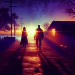 Generate a highly detailed and realistic image showcasing a mysterious encounter occurring at dusk. The scene should evoke a sense of mystery and suspense. It may contain two strangers, shadowy figures in the dimming light, silhouetted against the vivid colors of the setting sun, in a secluded urban or rural environment, with evidence of halted activity around. There should be lingering rays of sunlight gently fading into the night, casting long shadows and bathing the scene in hues of orange and purple.