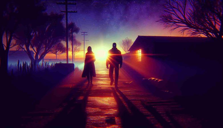 Generate a highly detailed and realistic image showcasing a mysterious encounter occurring at dusk. The scene should evoke a sense of mystery and suspense. It may contain two strangers, shadowy figures in the dimming light, silhouetted against the vivid colors of the setting sun, in a secluded urban or rural environment, with evidence of halted activity around. There should be lingering rays of sunlight gently fading into the night, casting long shadows and bathing the scene in hues of orange and purple.