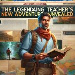 Realistic high definition image displaying an exciting announcement titled 'The Legendary Teacher's New Adventure Unveiled'. Visualize the scene as a detailed announcement poster with the titular teacher depicted as an adventurer in teaching. The teacher, a middle-aged East Asian male, is featured with an adventurous outfit, a map in one hand and a book in the other, symbolizing his mixture of exploration and education. He stands in front of an illustrated background of a unknown jungle with ancient ruins, signifying his new adventure. The colors should be vibrant, reflecting the excitement of the announcement.