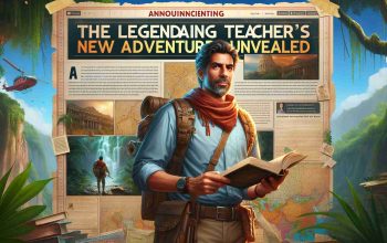 Realistic high definition image displaying an exciting announcement titled 'The Legendary Teacher's New Adventure Unveiled'. Visualize the scene as a detailed announcement poster with the titular teacher depicted as an adventurer in teaching. The teacher, a middle-aged East Asian male, is featured with an adventurous outfit, a map in one hand and a book in the other, symbolizing his mixture of exploration and education. He stands in front of an illustrated background of a unknown jungle with ancient ruins, signifying his new adventure. The colors should be vibrant, reflecting the excitement of the announcement.