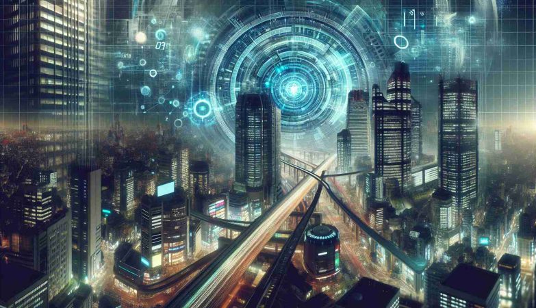 Create a high-definition, realistic image showing the future of a concept similar to Steins;Gate. Imagine a world where time travel exists and has been interwoven with science and technology. Picture a cityscape with advanced technology, futuristic architecture, and an air of mystery. Add details to represent the possible progression of the complex narrative, such as symbols of time travel or elements that suggest a mix of reality and hypothetical scenarios. Capture the dramatic tension and elaborate storyline through visual elements, creating a sense of anticipation for the next progression in this fictitious universe.