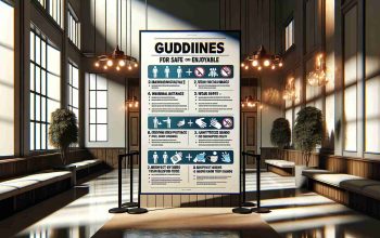 High-definition, realistic image of guidelines for a safe and enjoyable event experience. The scene portrays a large, laminated poster situated in a well-lit area, ideally at the entrance of a venue. The poster displays clear bullet points, outlining the safety protocols and measures, such as maintaining social distance, wearing masks, and sanitizing hands, in bold, legible letters. Additional tips for ensuring a pleasant experience, like respecting others' personal space and keeping the noise level down, are also depicted. The illustration carries a visual appeal with a harmonious color palette, making it attractive and reader-friendly.