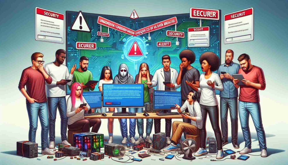 Generate a detailed, realistic HD photo depicting the unforeseen consequences of data breaches in the gaming industry. Picture an illustrative scene with gamers of diverse backgrounds (Caucasian, Hispanic, Black, Middle-Eastern, South Asian, White) of male and female gender reacting in frustration or confusion to an error message displayed on their screens of a popular online game that is unable to connect due to a data breach. Also, show security alert symbols and tech professionals striving to rectify the situation.