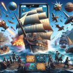 Generate a realistic, high-definition image, illustrating the launch of a new virtual world application. The application is aimed towards fans of pirate adventure stories. Highlight elements such as the splash screen of the app, showcasing a pirate's ship sailing on the high seas, a treasure map, intriguing islands, fierce battles among characters in historically accurate sailor outfits, sea creatures, and the thrill of a Grand Voyage.