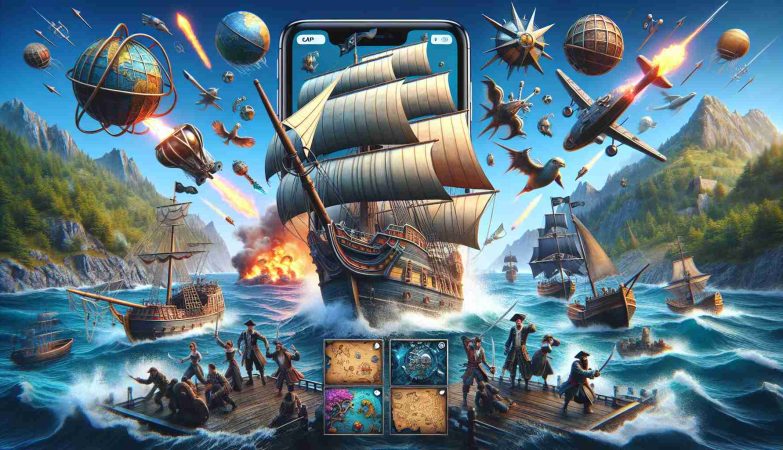 Generate a realistic, high-definition image, illustrating the launch of a new virtual world application. The application is aimed towards fans of pirate adventure stories. Highlight elements such as the splash screen of the app, showcasing a pirate's ship sailing on the high seas, a treasure map, intriguing islands, fierce battles among characters in historically accurate sailor outfits, sea creatures, and the thrill of a Grand Voyage.