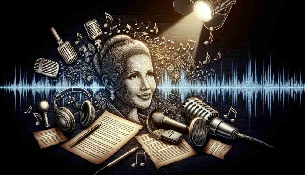 A detailed and high-definition artistic representation of the legacy of an influential female voice actress. Convey this through symbols such as a microphone, script pages, headphones, and a stage spotlight. Her influence may manifest as waves of sound emanating from the microphone or script. Create an atmosphere of reverence and admiration towards her pioneering journey in the industry.