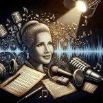 A detailed and high-definition artistic representation of the legacy of an influential female voice actress. Convey this through symbols such as a microphone, script pages, headphones, and a stage spotlight. Her influence may manifest as waves of sound emanating from the microphone or script. Create an atmosphere of reverence and admiration towards her pioneering journey in the industry.