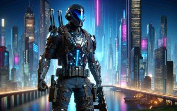 High-definition realistic image of a new, fictional animation series that follows the epic journey of a futuristic bounty hunter. The bounty hunter is equipped with high tech gear and futuristic weapons, set against an ultra-modern cityscape full of neon lights and tall skyscrapers.