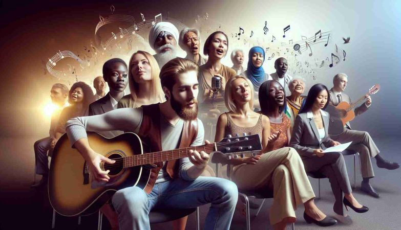 Create a high-definition, realistic image depicting the concept of 'Breaking Barriers: Empowering Through Music'. Imagine a complex scene with diverse individuals of different genders and descents, all united by the power of music. Could be someone playing a guitar with a passionate expression, while a group of African, Caucasian, and Asian individuals listen with gleaming eyes. Nearby, a Hispanic woman sings with her heart, reaching out to a Middle-Eastern man who looks inspired. All these individuals seem to be communicating, breaking barriers through the universal language of music.