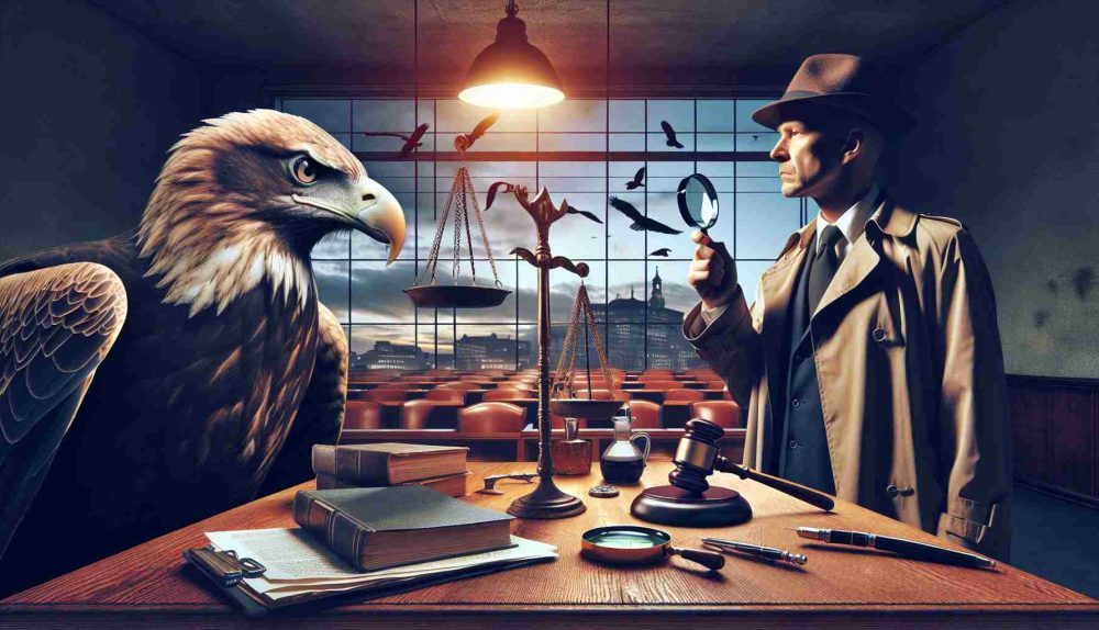 Generate a highly detailed and realistic image showing a meeting scene of an eagle, characterized by its sharp, discerning gaze, signifying 'legal prowess', and a human figure with detective traits like a magnifying glass and a trench coat, indicating 'mystery solving'. They are in an unlikely crossover setting, blending a courtroom with elements of a noir detective's office like dim-lit vintage lamp, wooden desk piled with case files, and distant cityscape seen through window blinds.