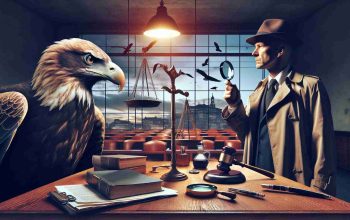 Generate a highly detailed and realistic image showing a meeting scene of an eagle, characterized by its sharp, discerning gaze, signifying 'legal prowess', and a human figure with detective traits like a magnifying glass and a trench coat, indicating 'mystery solving'. They are in an unlikely crossover setting, blending a courtroom with elements of a noir detective's office like dim-lit vintage lamp, wooden desk piled with case files, and distant cityscape seen through window blinds.