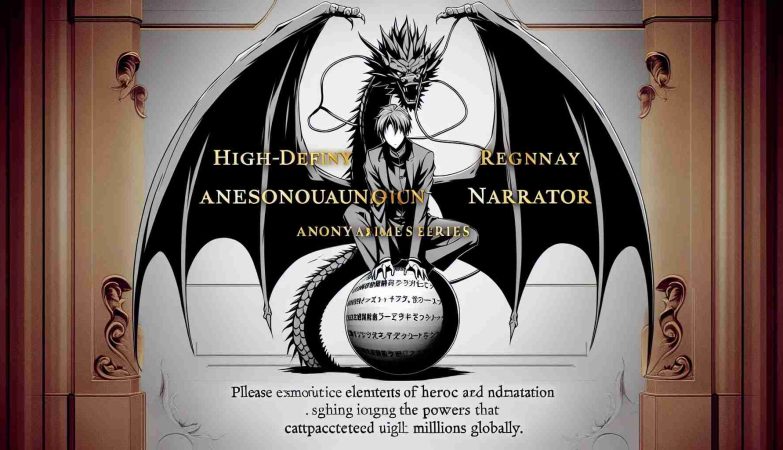 High-definition resonant tribute image showcasing the legacy of a legendary, anonymous anime series narrator, symbolized with a dragon perched on a ball, signifying the powers and voice that captivated millions globally. Please emphasize the elements of heroic and dramatic narration often featured in anime.