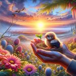 Generate a high-definition realistic image symbolizing celebrating new beginnings. The picture can include a sunrise over a beautiful landscape indicating a new dawn, perhaps with dew-laden flowers welcoming the morning sun. The scene could also include a small baby bird trying to leave the nest for the first time, capturing the essence of a new start. Moreover, depict an individual holding a seedling ready to be planted, expressing the hope and potential of new endeavors. The picture should emphasize bright, light, and vibrant colors that communicate positivity and freshness.