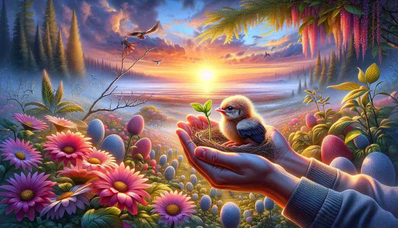 Generate a high-definition realistic image symbolizing celebrating new beginnings. The picture can include a sunrise over a beautiful landscape indicating a new dawn, perhaps with dew-laden flowers welcoming the morning sun. The scene could also include a small baby bird trying to leave the nest for the first time, capturing the essence of a new start. Moreover, depict an individual holding a seedling ready to be planted, expressing the hope and potential of new endeavors. The picture should emphasize bright, light, and vibrant colors that communicate positivity and freshness.